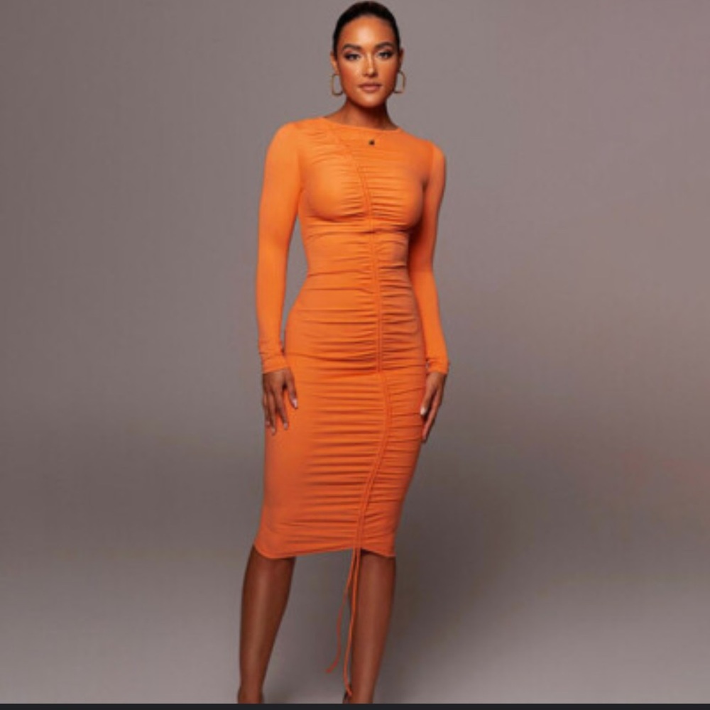 JLUXLABEL Orange Ruched Midi Dress - Picture 2 of 3